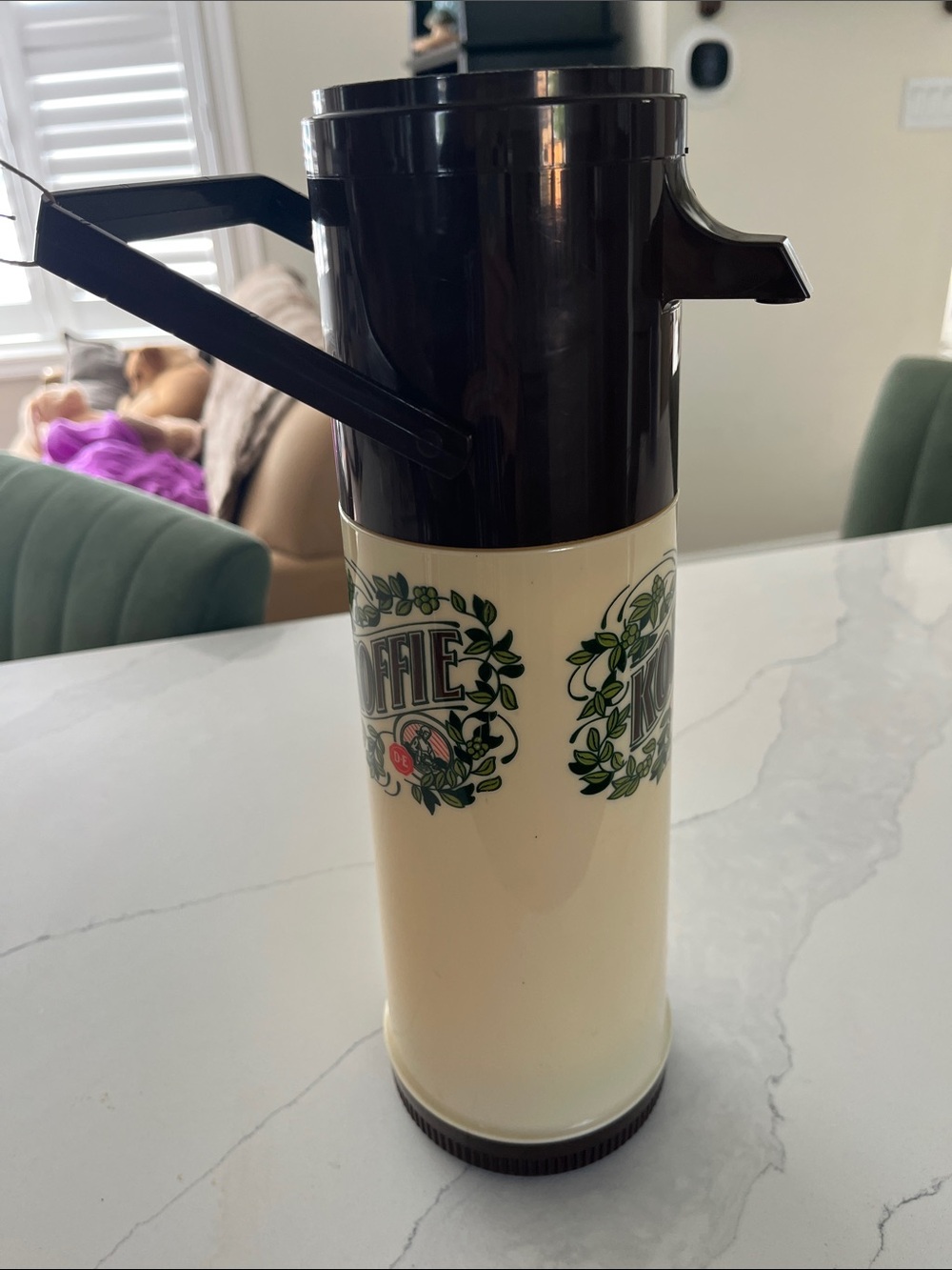 Vintage large Cream & Dark Brown Coffee Carafe with Green Floral Detail